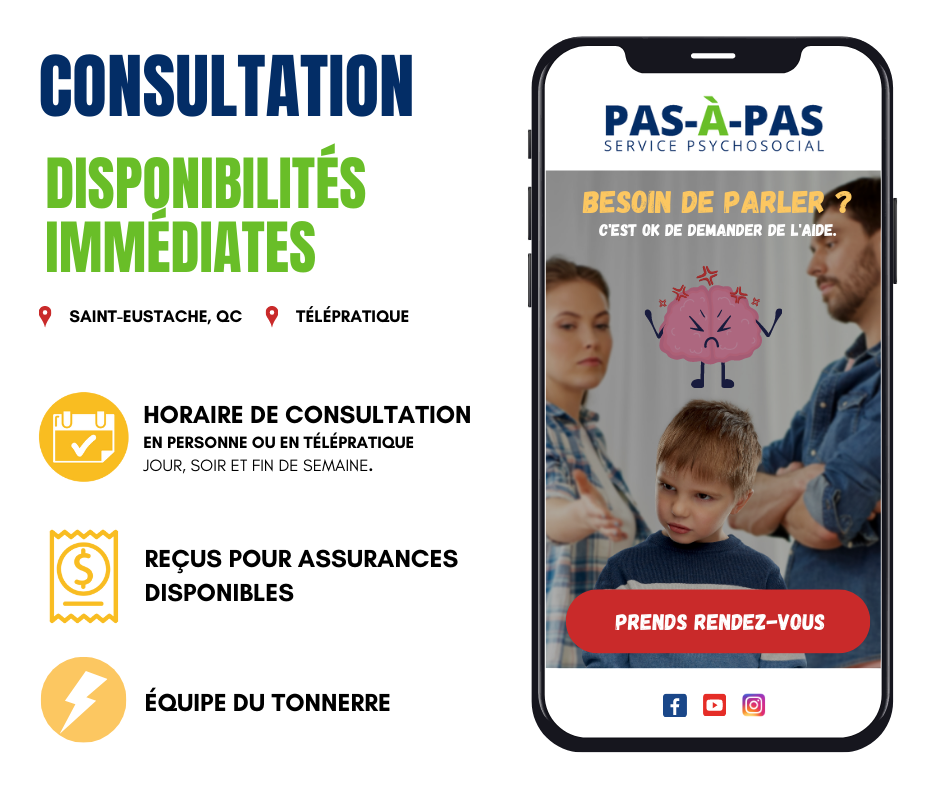 Disponibilités immédiates pour de la consultation en personne ou en téléconsultation