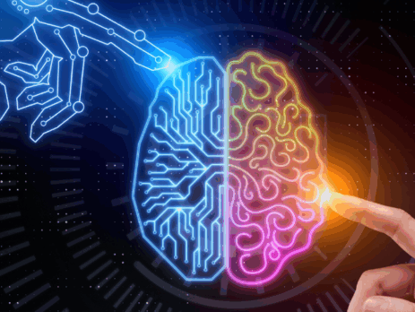 Illustration d’un cerveau numérique reliant une main humaine et une main robotique, symbolisant la relation grandissante entre les personnes et l’intelligence artificielle.