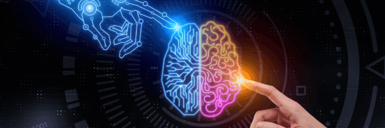 Illustration d’un cerveau numérique reliant une main humaine et une main robotique, symbolisant la relation grandissante entre les personnes et l’intelligence artificielle.
