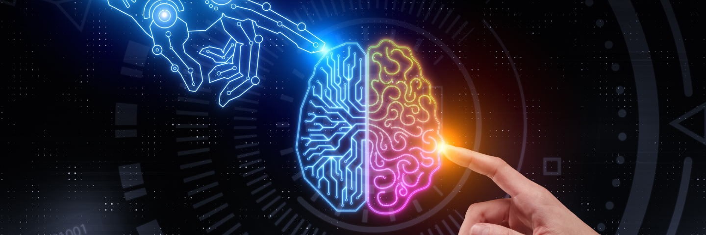 Illustration d’un cerveau numérique reliant une main humaine et une main robotique, symbolisant la relation grandissante entre les personnes et l’intelligence artificielle.